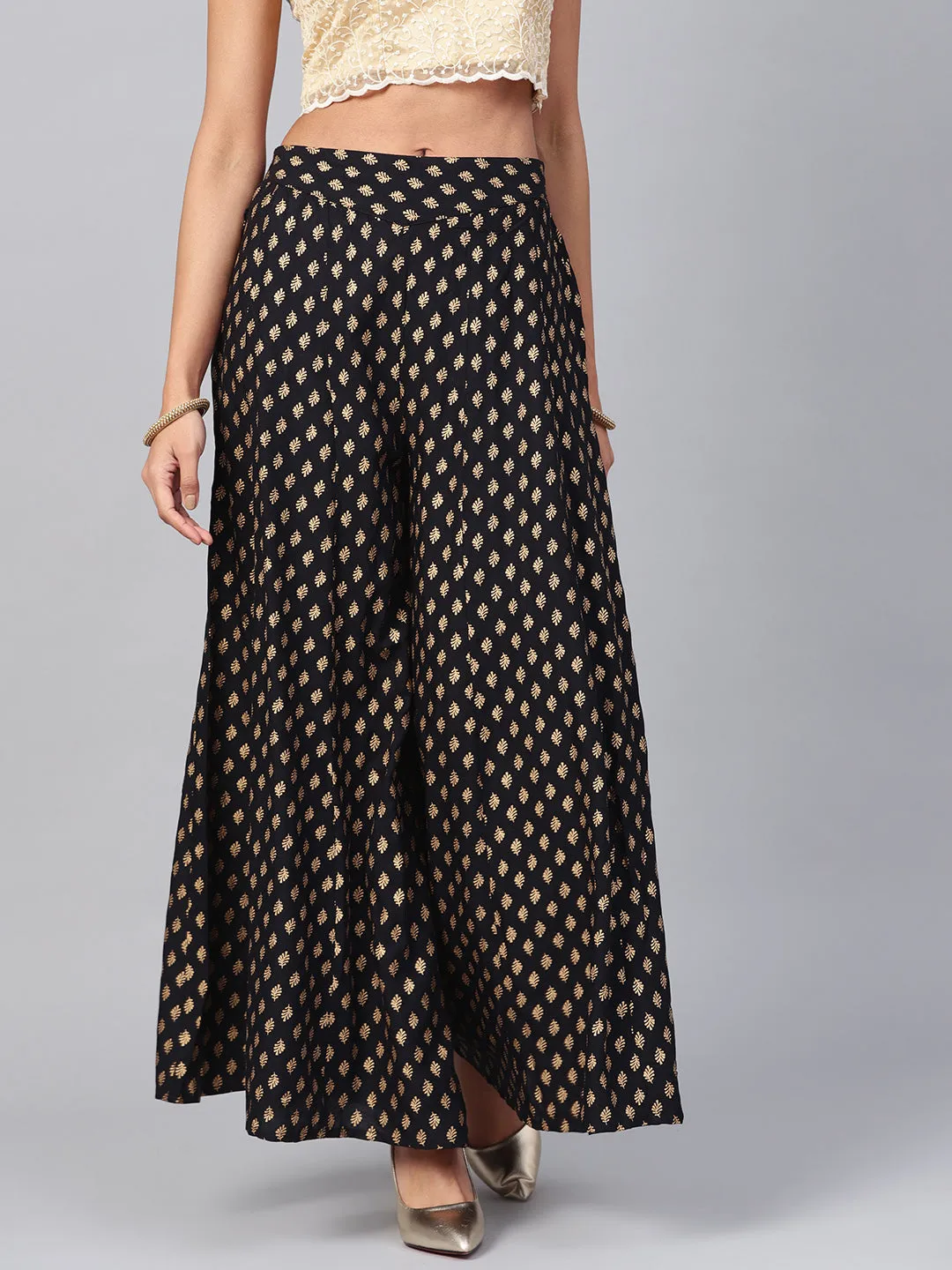 Black Ethnic Motif Printed Rayon Flared Women Palazzo With One Pocket-8003AEIBLACK