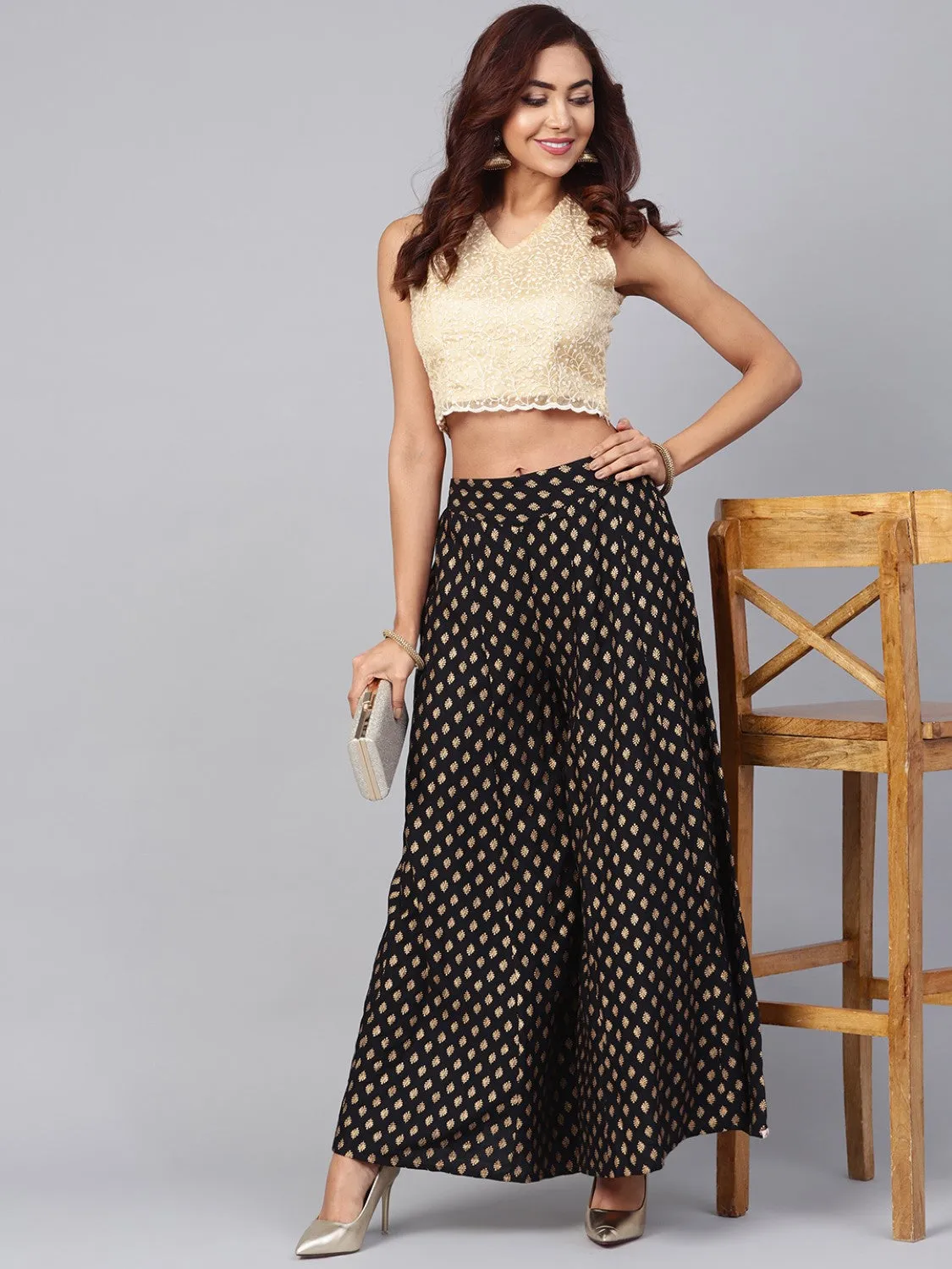 Black Ethnic Motif Printed Rayon Flared Women Palazzo With One Pocket-8003AEIBLACK