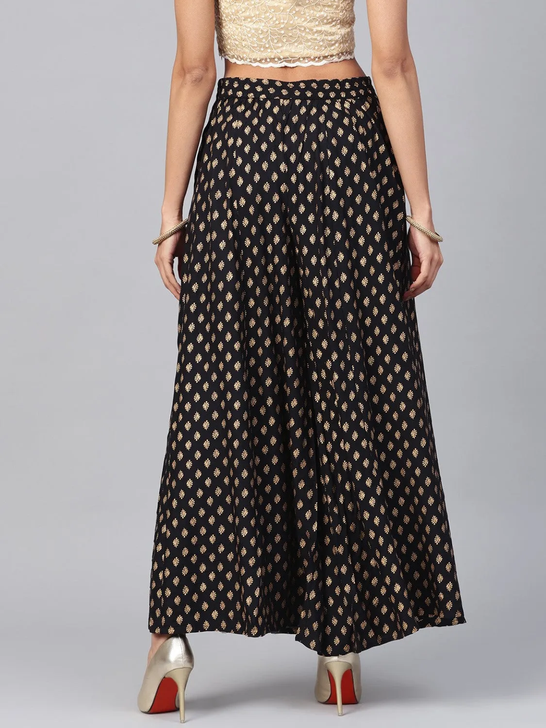 Black Ethnic Motif Printed Rayon Flared Women Palazzo With One Pocket-8003AEIBLACK