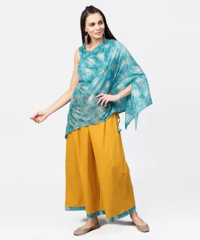 Blue boho poncho style tops with yellow ankle length palazzo