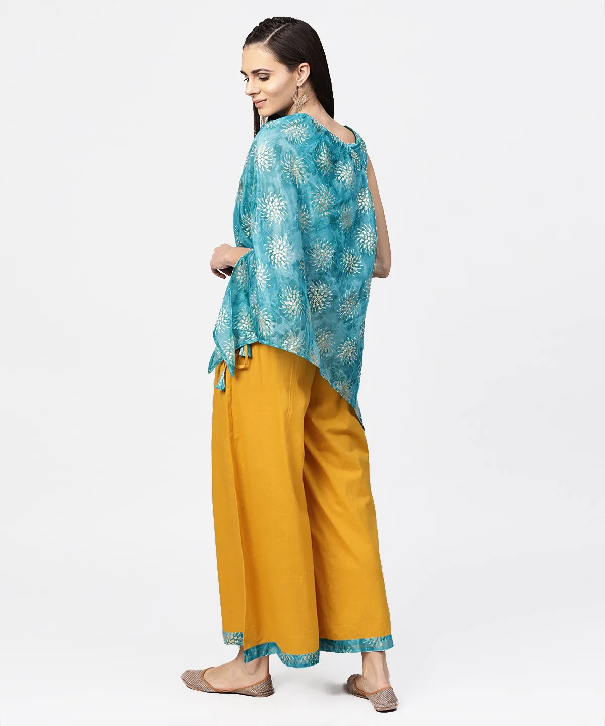 Blue boho poncho style tops with yellow ankle length palazzo