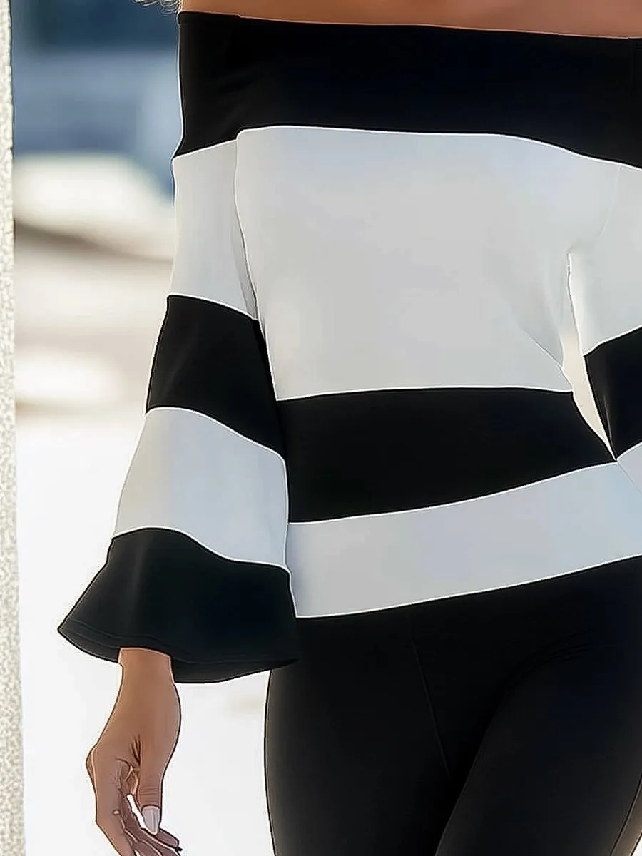 Bold Black and White Striped Off-Shoulder Blouse with Flared Sleeves