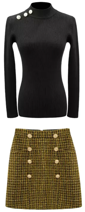 Button-Embellished High-Neck Sweater and Tweed Mini Skirt Set