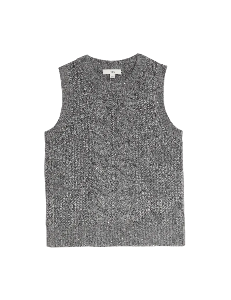 Cable Knit Sequin Knitted Vest with Wool