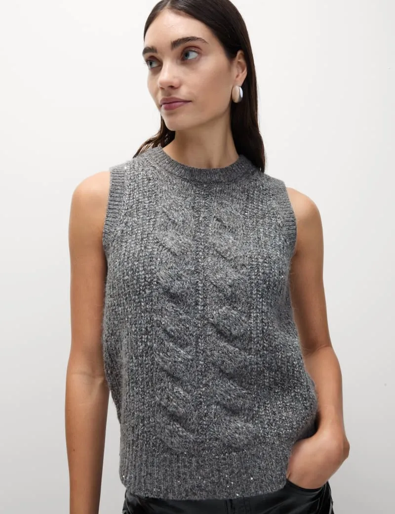 Cable Knit Sequin Knitted Vest with Wool