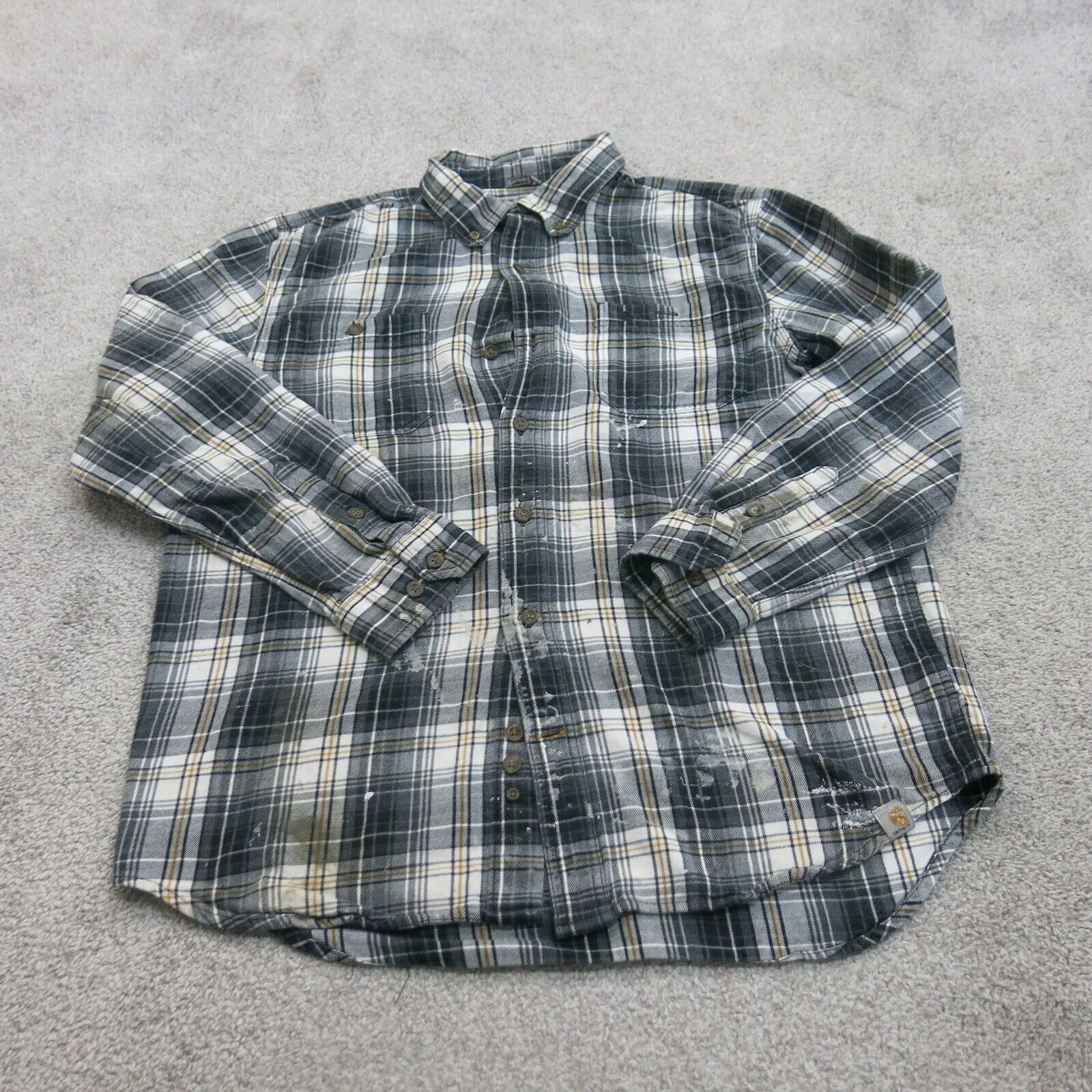 Carhartt Shirt Men L Black Relaxed Fit Work Wear Plaid Button Down Long Sleeve