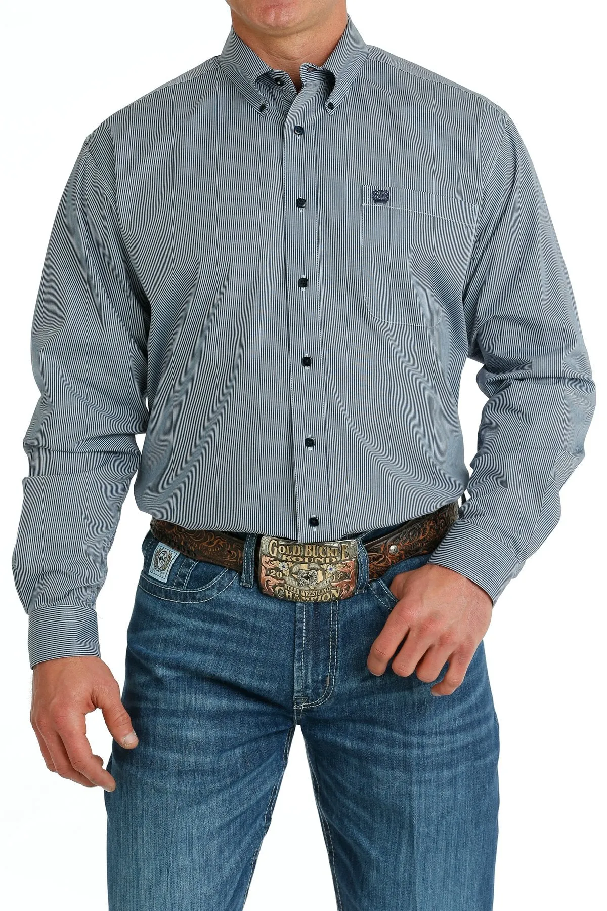CINCH STRIPED LIGHT BLUE/NAVY LS BUTTON SHIRT