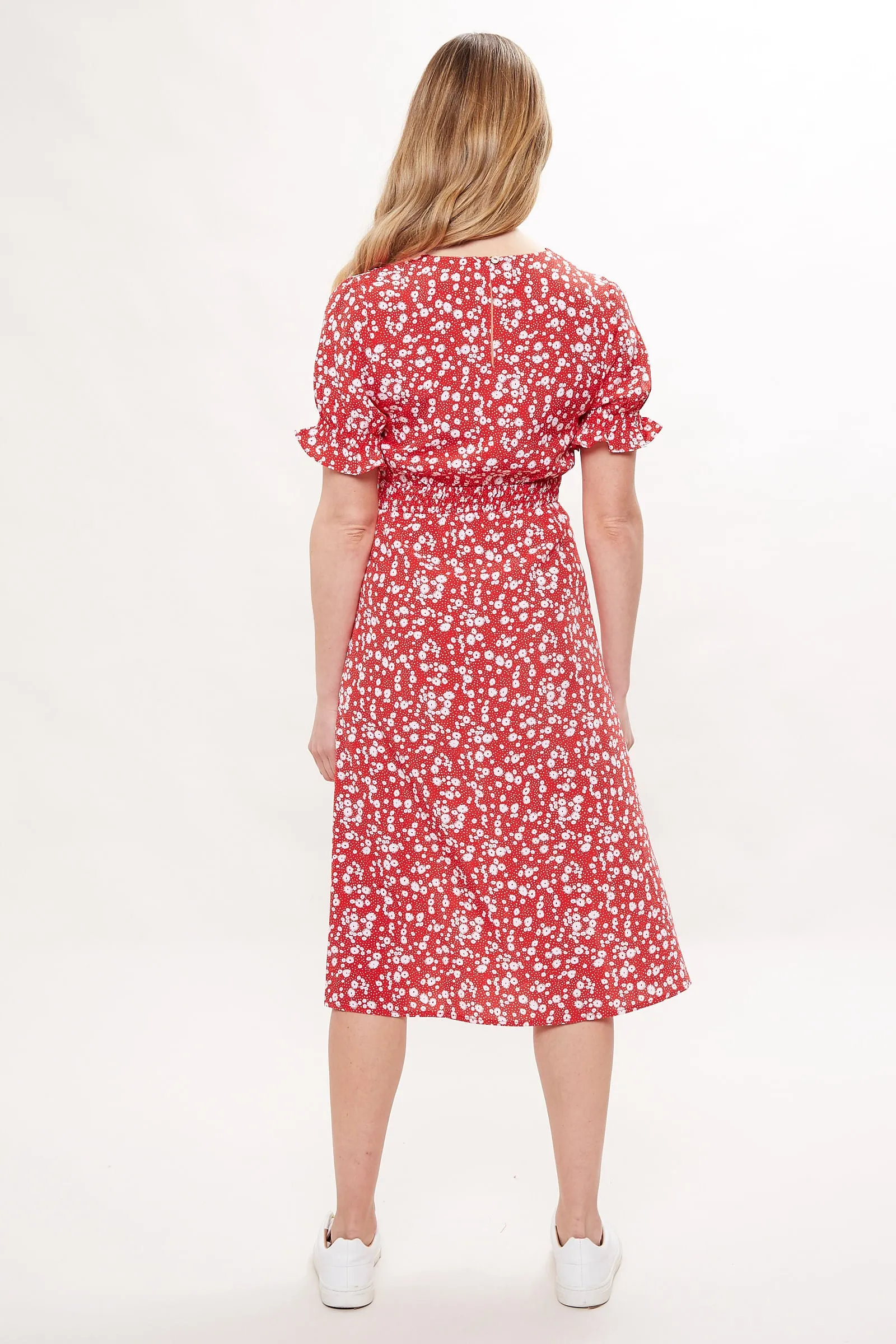 Corina Flower Dot Print Midi Tea Dress - Red