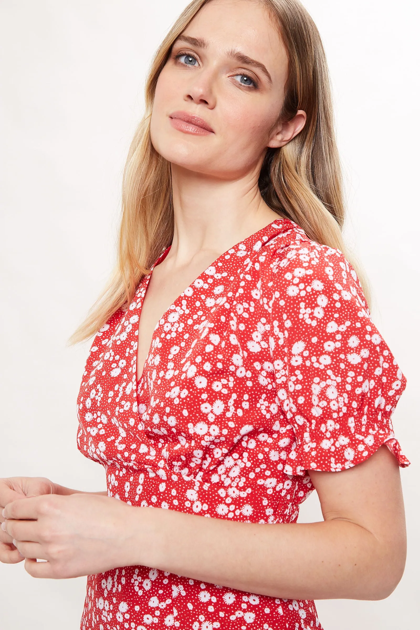 Corina Flower Dot Print Midi Tea Dress - Red