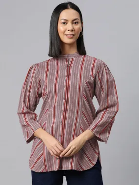 Cottinfab Striped Mandarin Collar Cotton Top