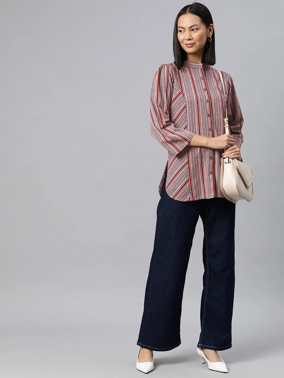 Cottinfab Striped Mandarin Collar Cotton Top
