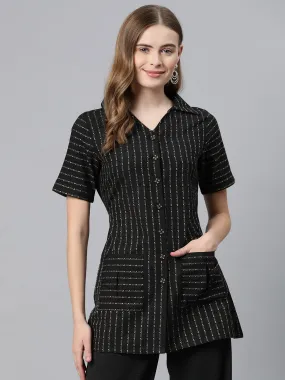 Cottinfab Striped Monochrome Cotton Shirt Style Longline Top