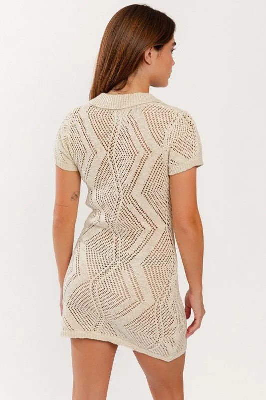 Cream Button Down Short Sleeve Open Sweater Dress