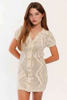Cream Button Down Short Sleeve Open Sweater Dress