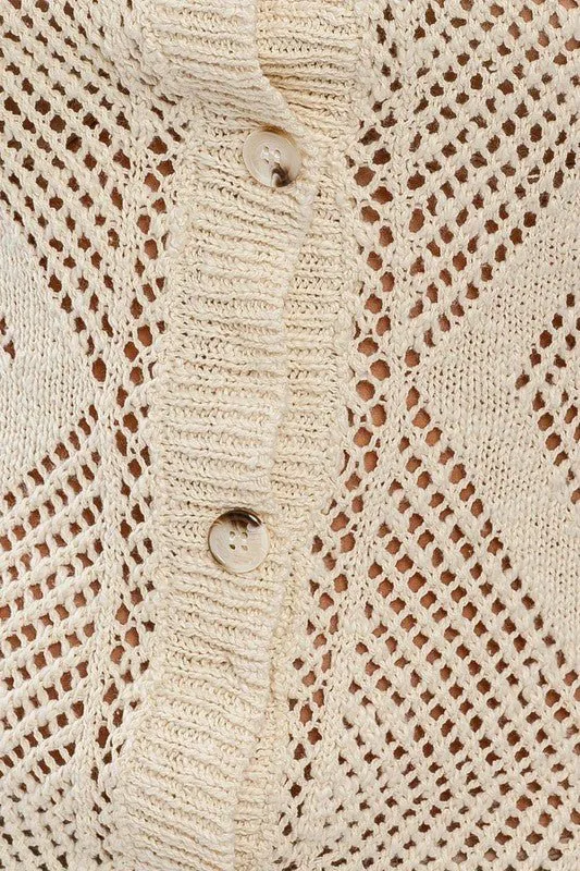 Cream Button Down Short Sleeve Open Sweater Dress