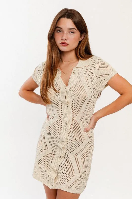 Cream Button Down Short Sleeve Open Sweater Dress