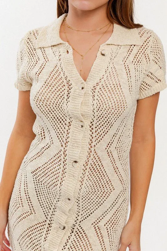 Cream Button Down Short Sleeve Open Sweater Dress