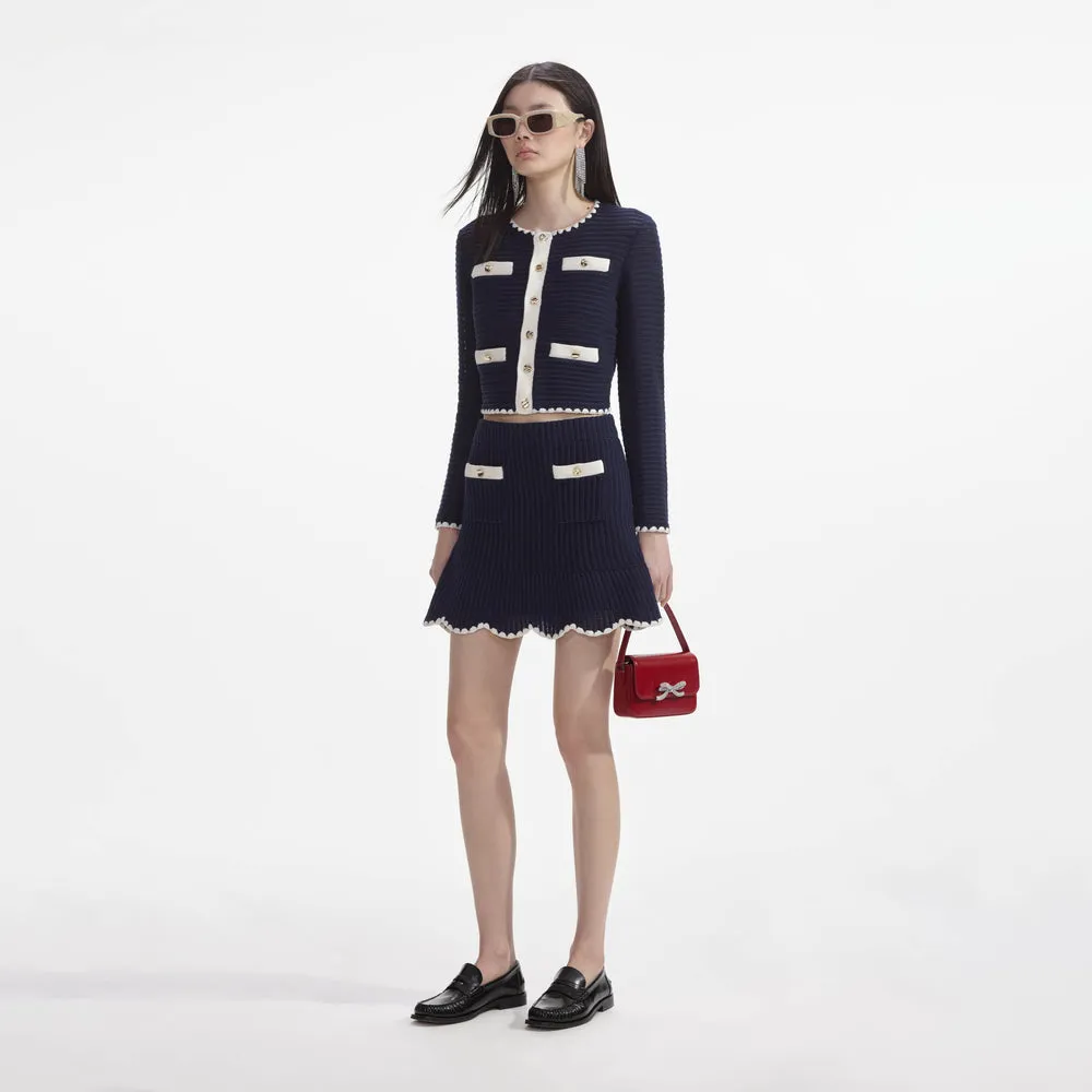 Crochet Contrast Trim Cardigan - Navy