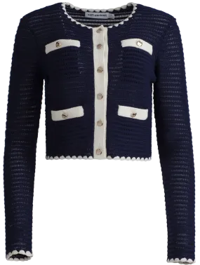 Crochet Contrast Trim Cardigan - Navy