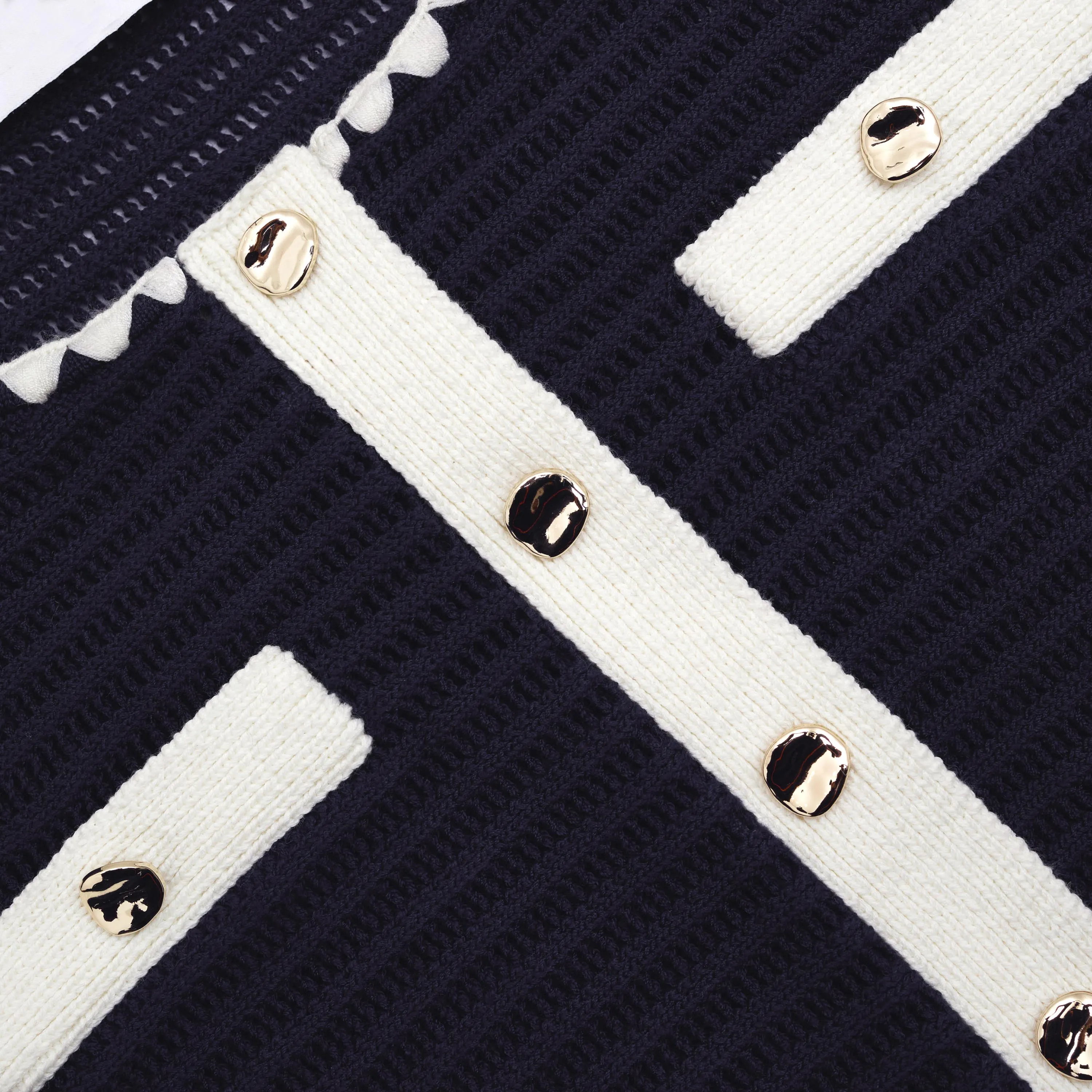 Crochet Contrast Trim Cardigan - Navy