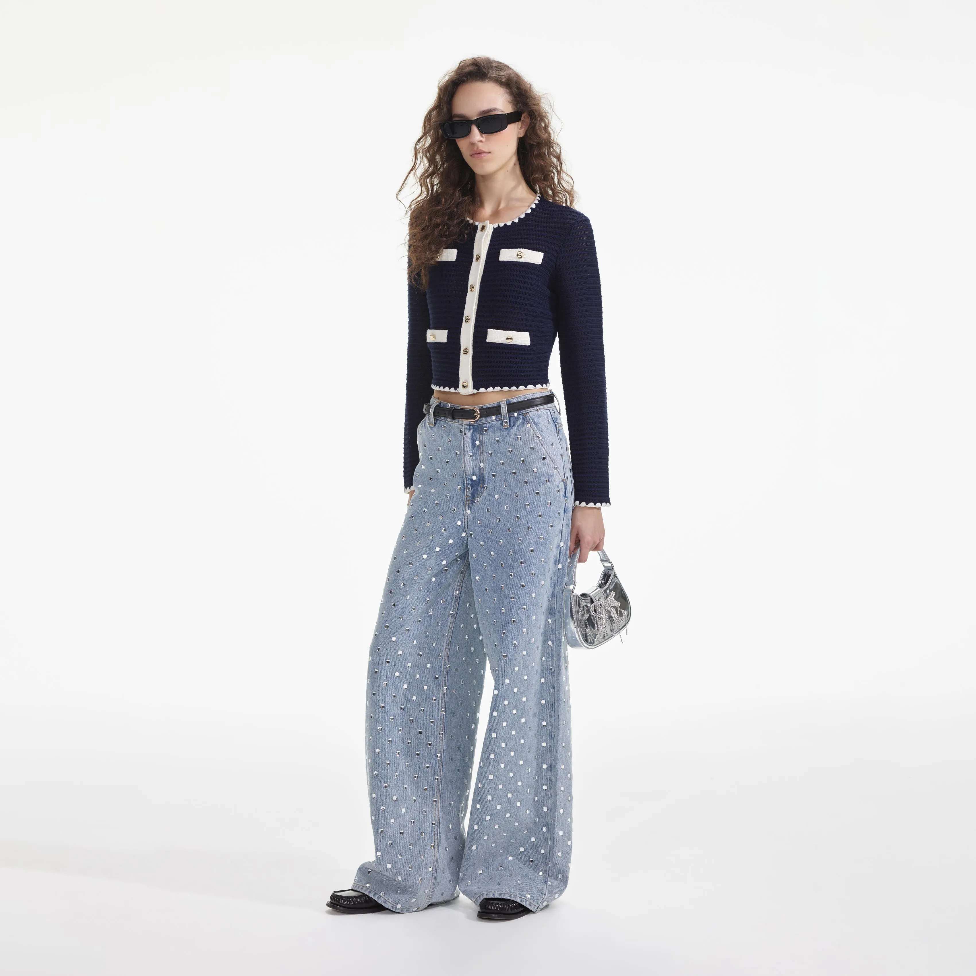 Crochet Contrast Trim Cardigan - Navy