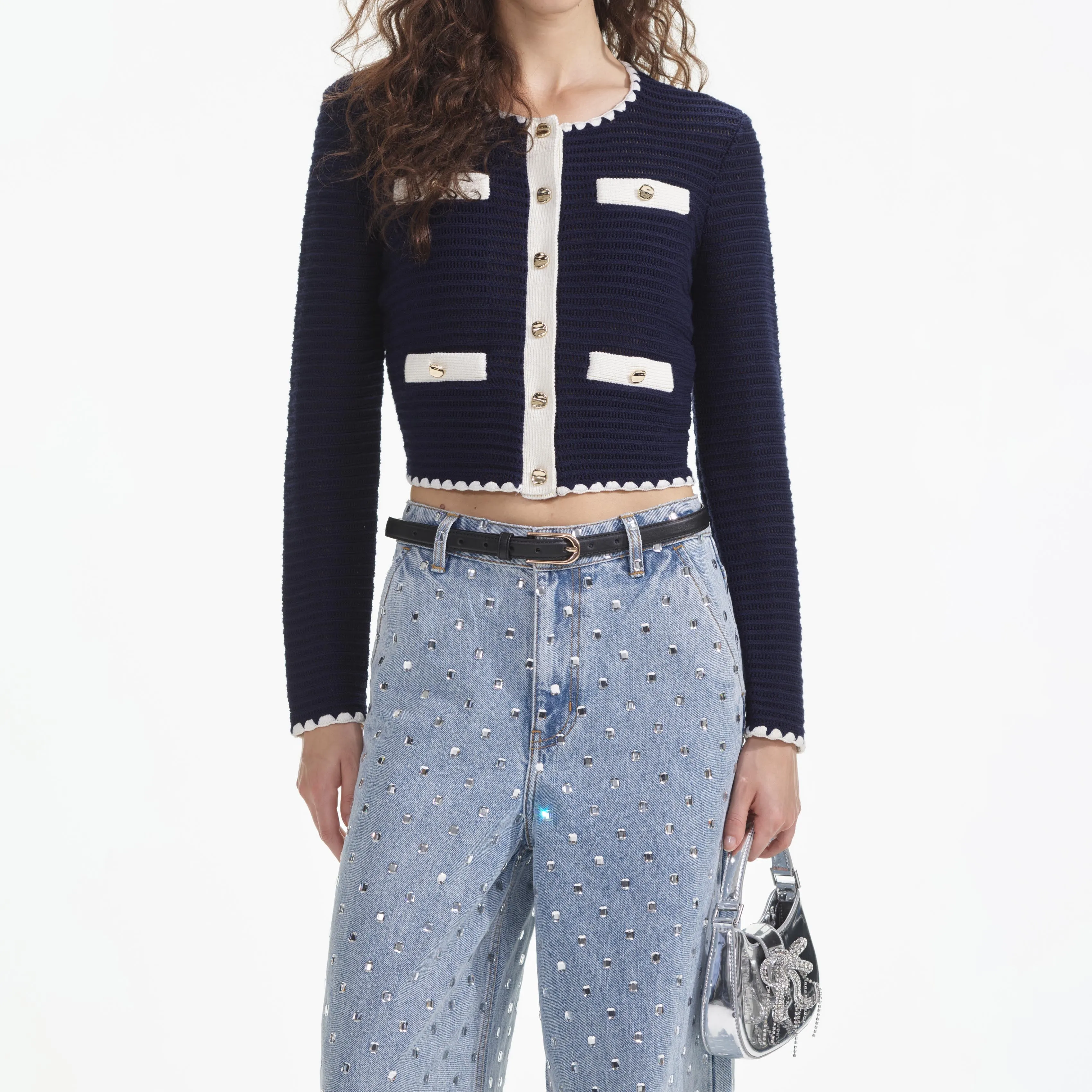 Crochet Contrast Trim Cardigan - Navy