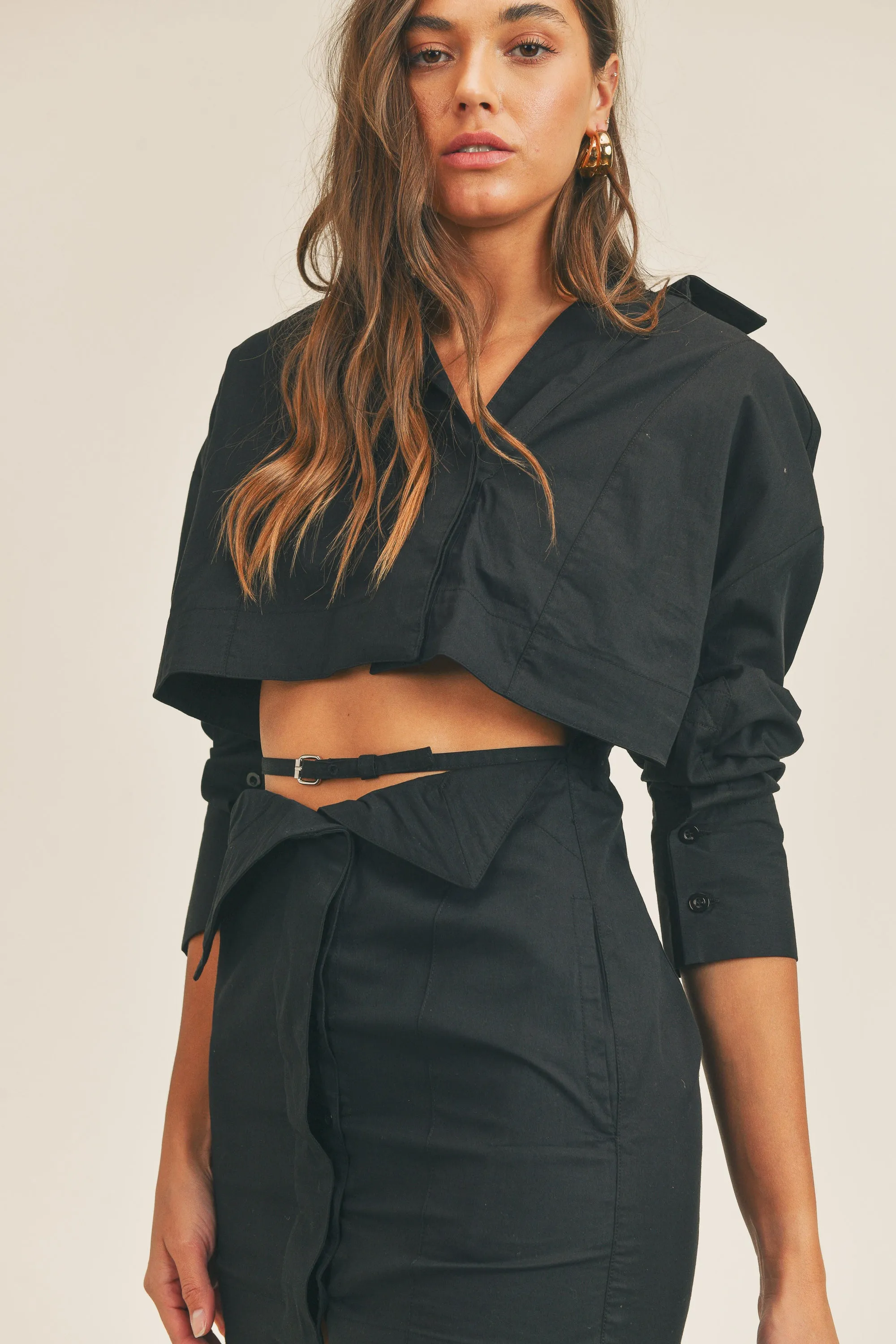 DELIANA HIDDEN BUTTON SHIRT BELTED DRESS
