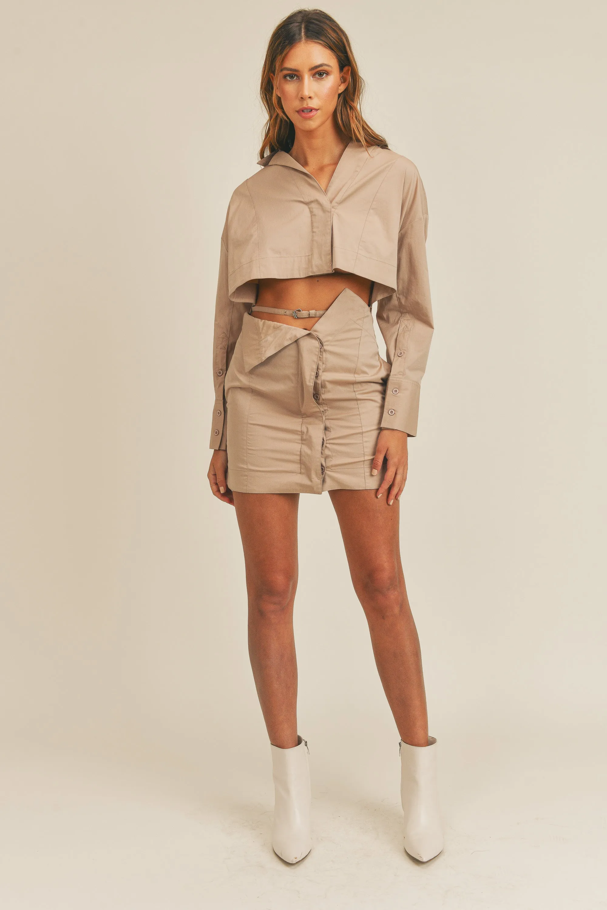 DELIANA HIDDEN BUTTON SHIRT BELTED DRESS