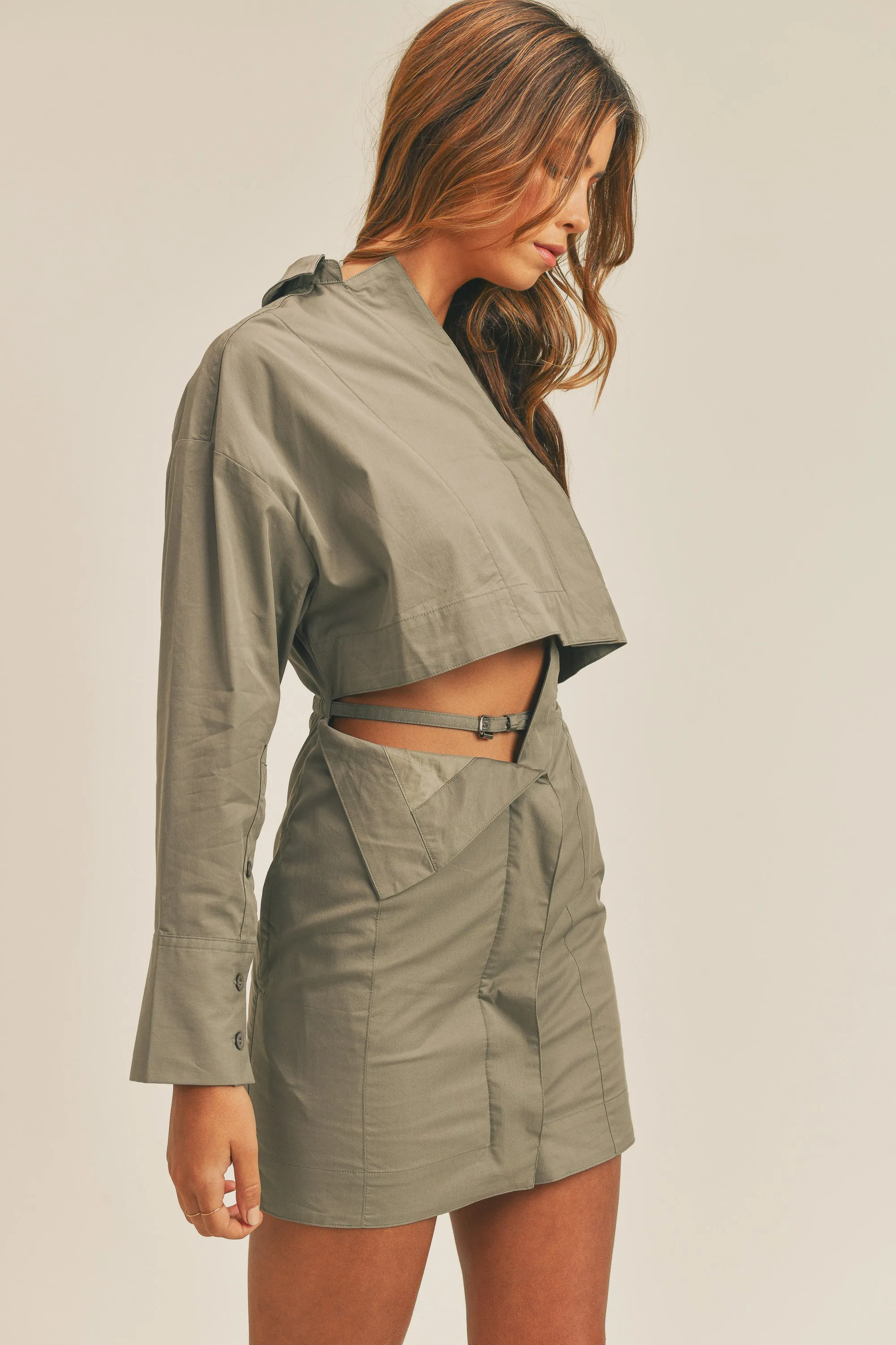 DELIANA HIDDEN BUTTON SHIRT BELTED DRESS