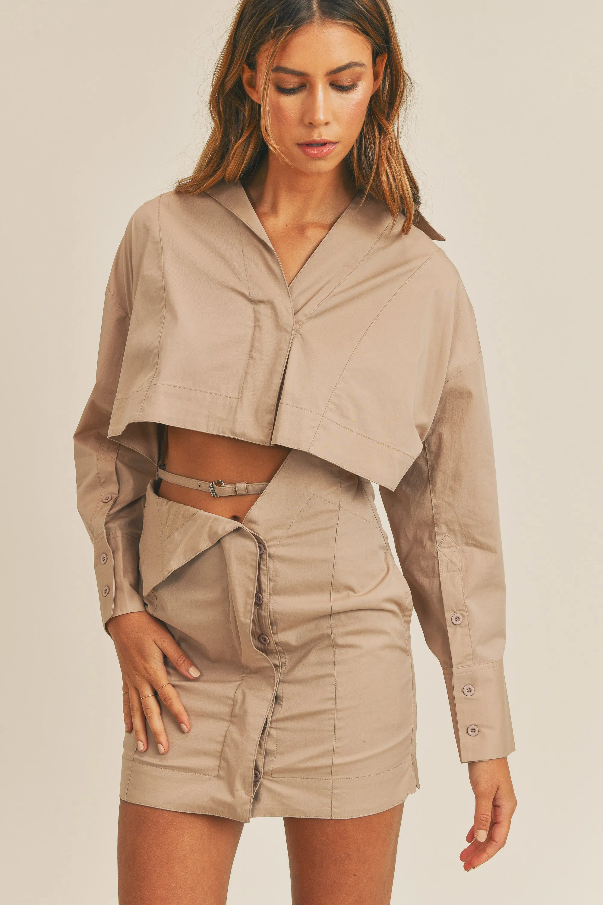 DELIANA HIDDEN BUTTON SHIRT BELTED DRESS