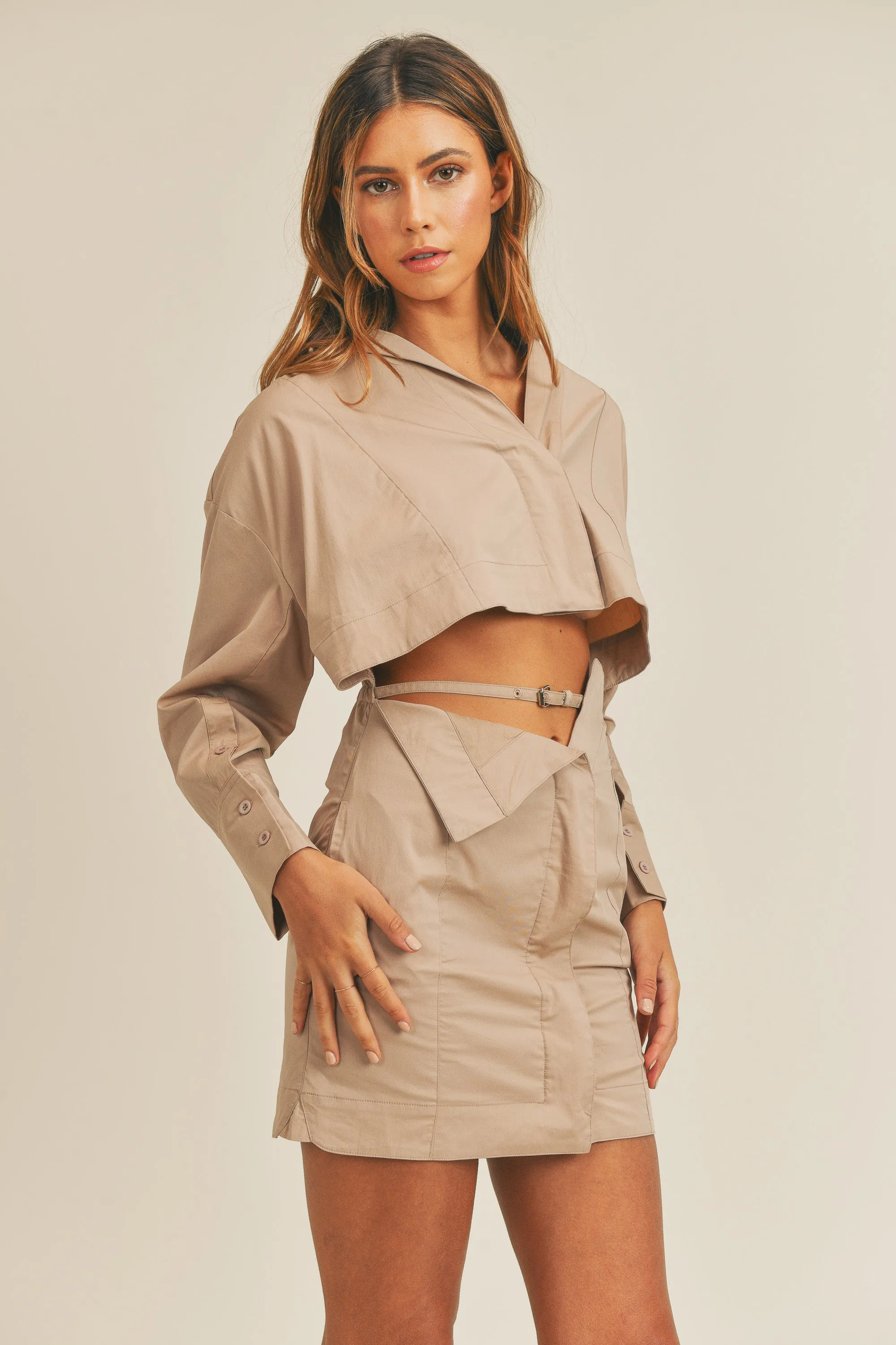 DELIANA HIDDEN BUTTON SHIRT BELTED DRESS