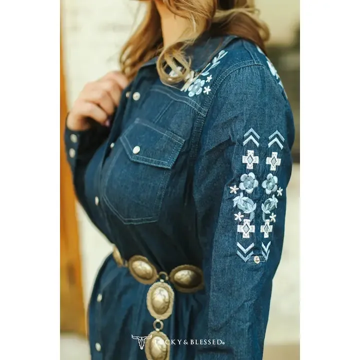 Denim Aztec Embroidered Long Sleeve Pearl Snap Dress