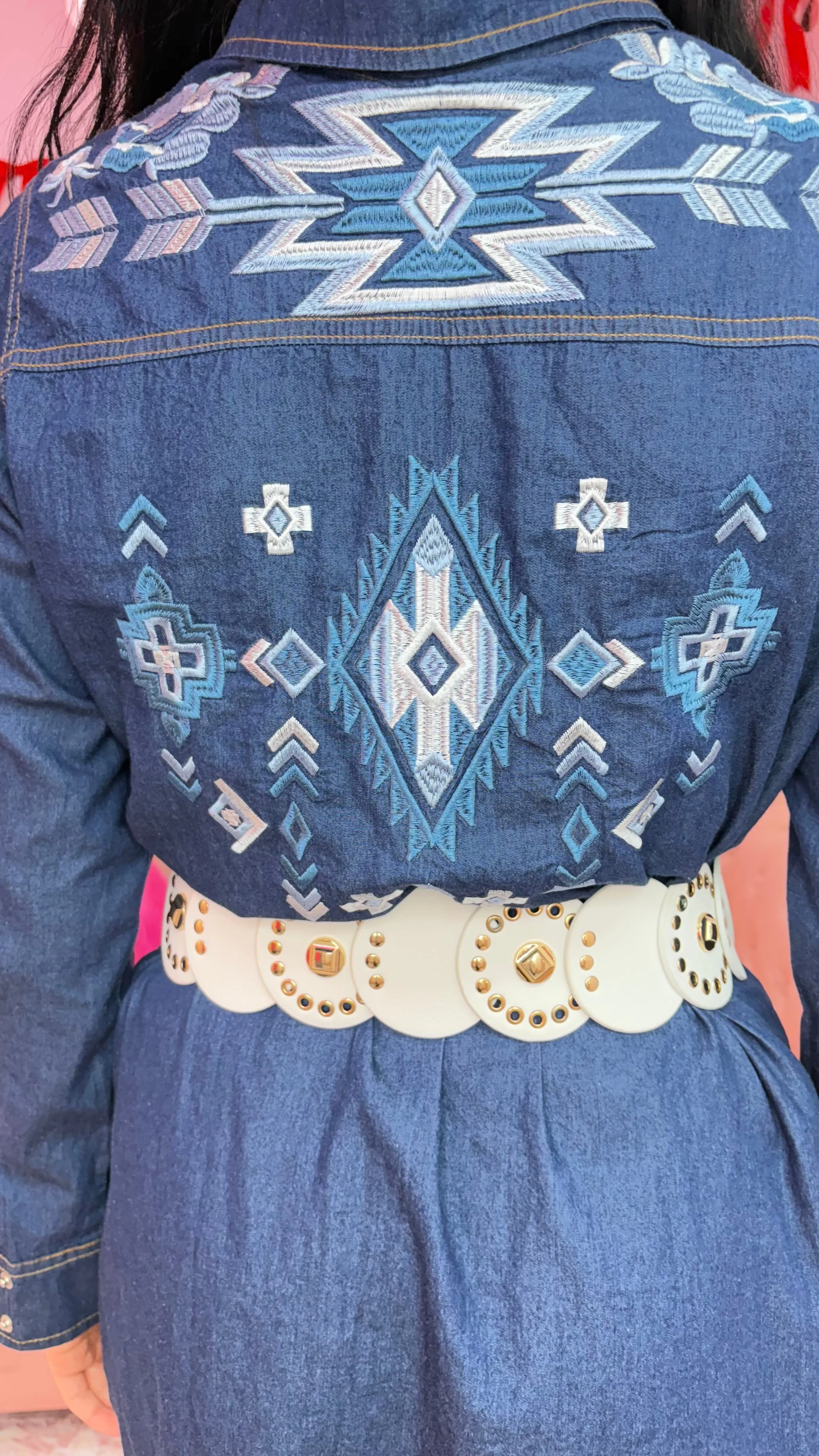 Denim Aztec Embroidered Long Sleeve Pearl Snap Dress