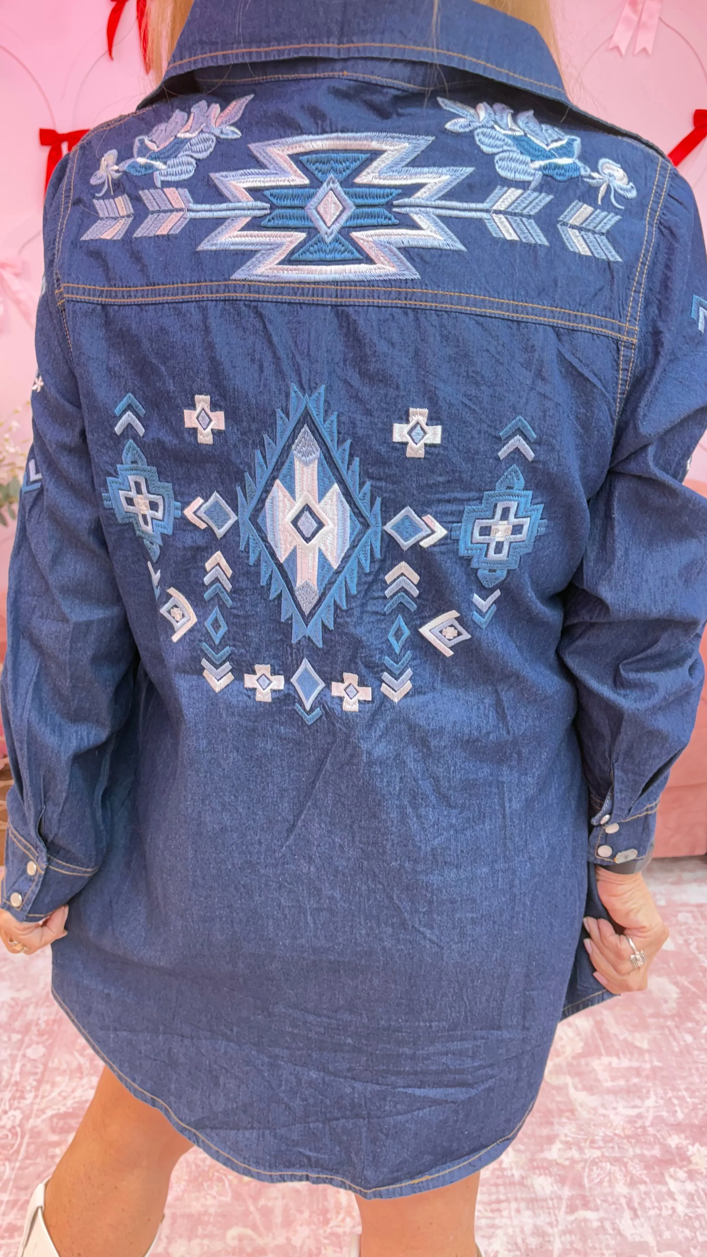Denim Aztec Embroidered Long Sleeve Pearl Snap Dress