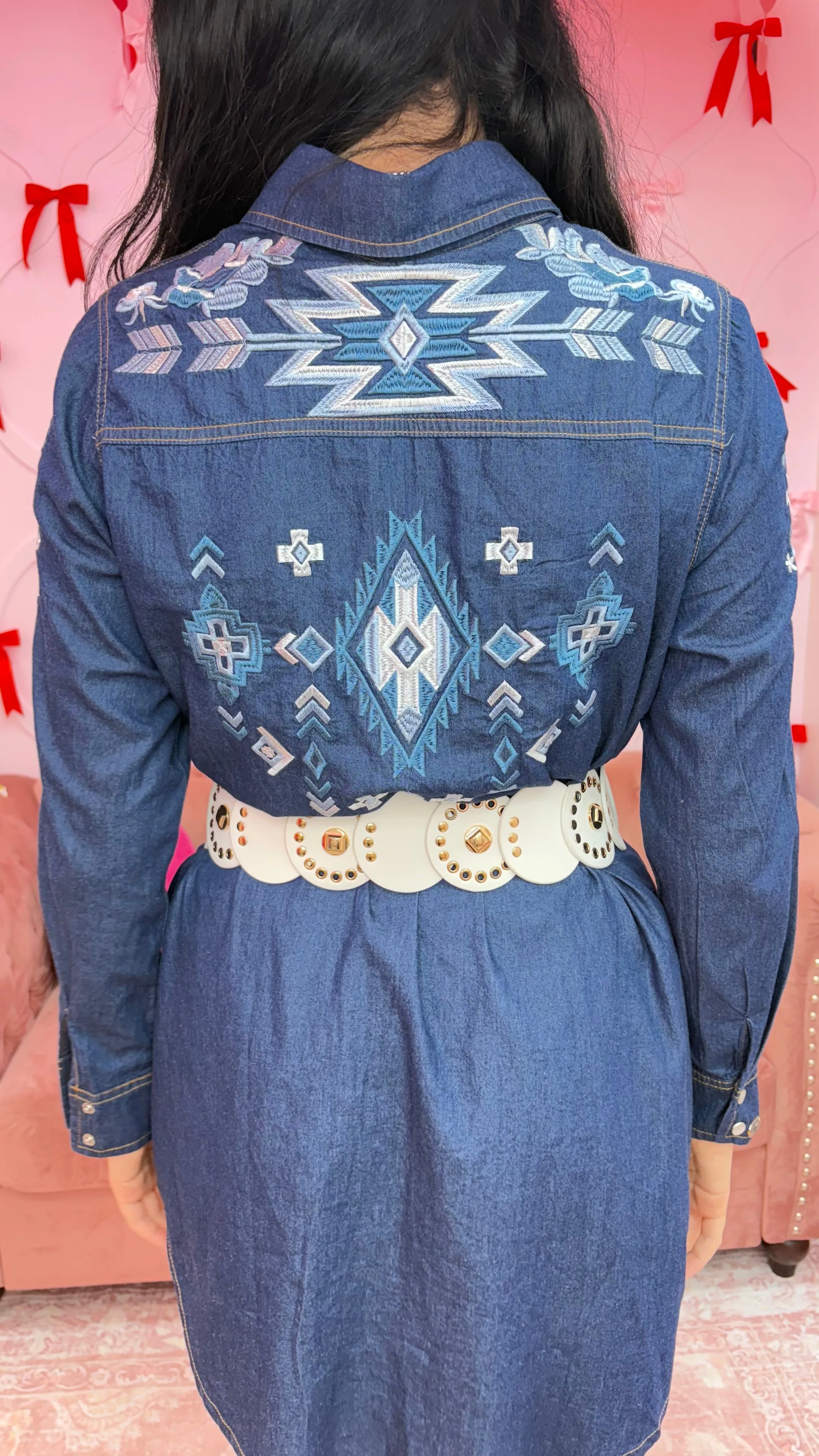 Denim Aztec Embroidered Long Sleeve Pearl Snap Dress