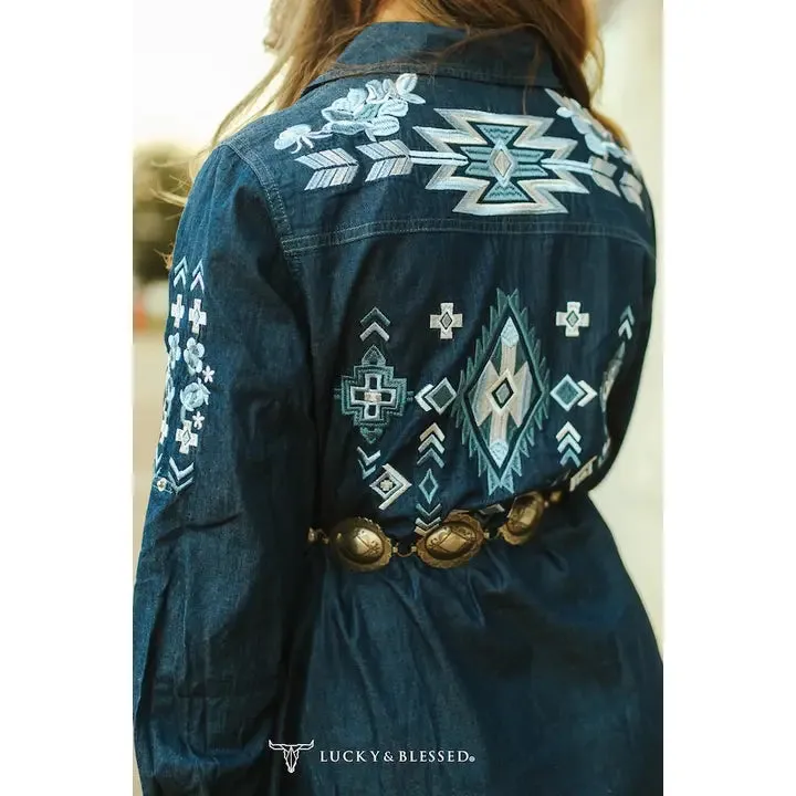 Denim Aztec Embroidered Long Sleeve Pearl Snap Dress