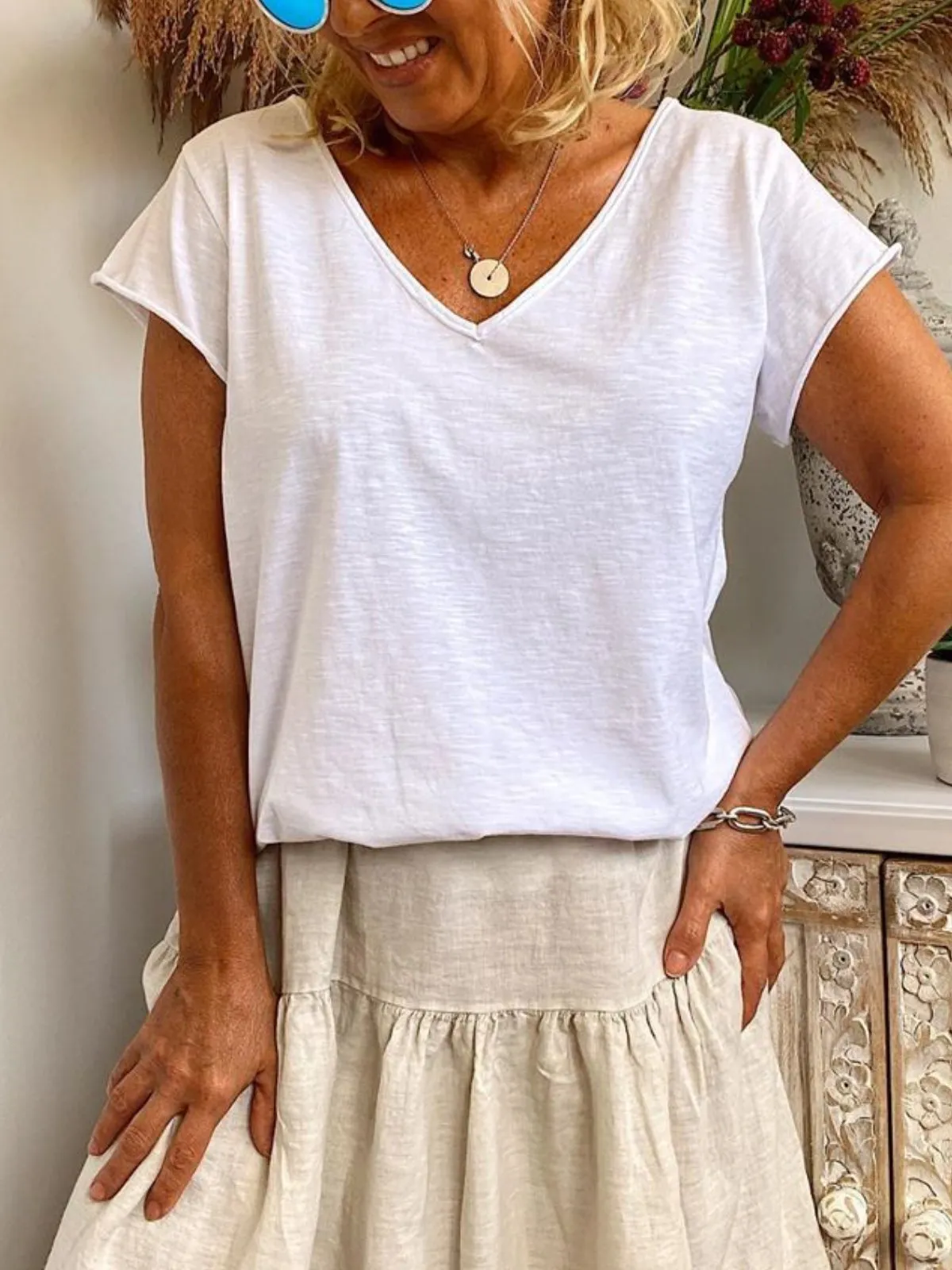 Dunnmall White Short Sleeve Casual Solid Shirts & Tops