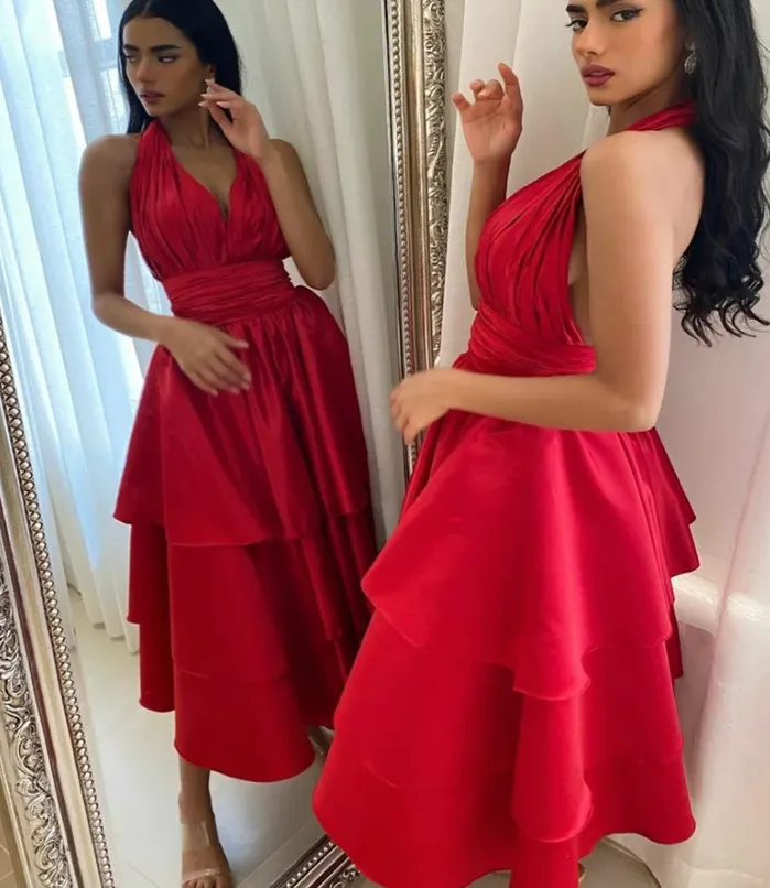 Elegant Short Satin Halter Evening Dresses Muslim Backless A-Line Red Dress Formal Dress Pleated Tea Length Gowns         fg6308