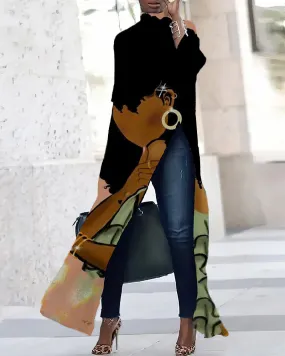 Fashion Earrings Brown Girl Three-quarter Sleeve Slit T-shirt Dress