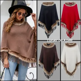 Faux Fur Retro Fringe Hem Textured Knit Pullover Poncho