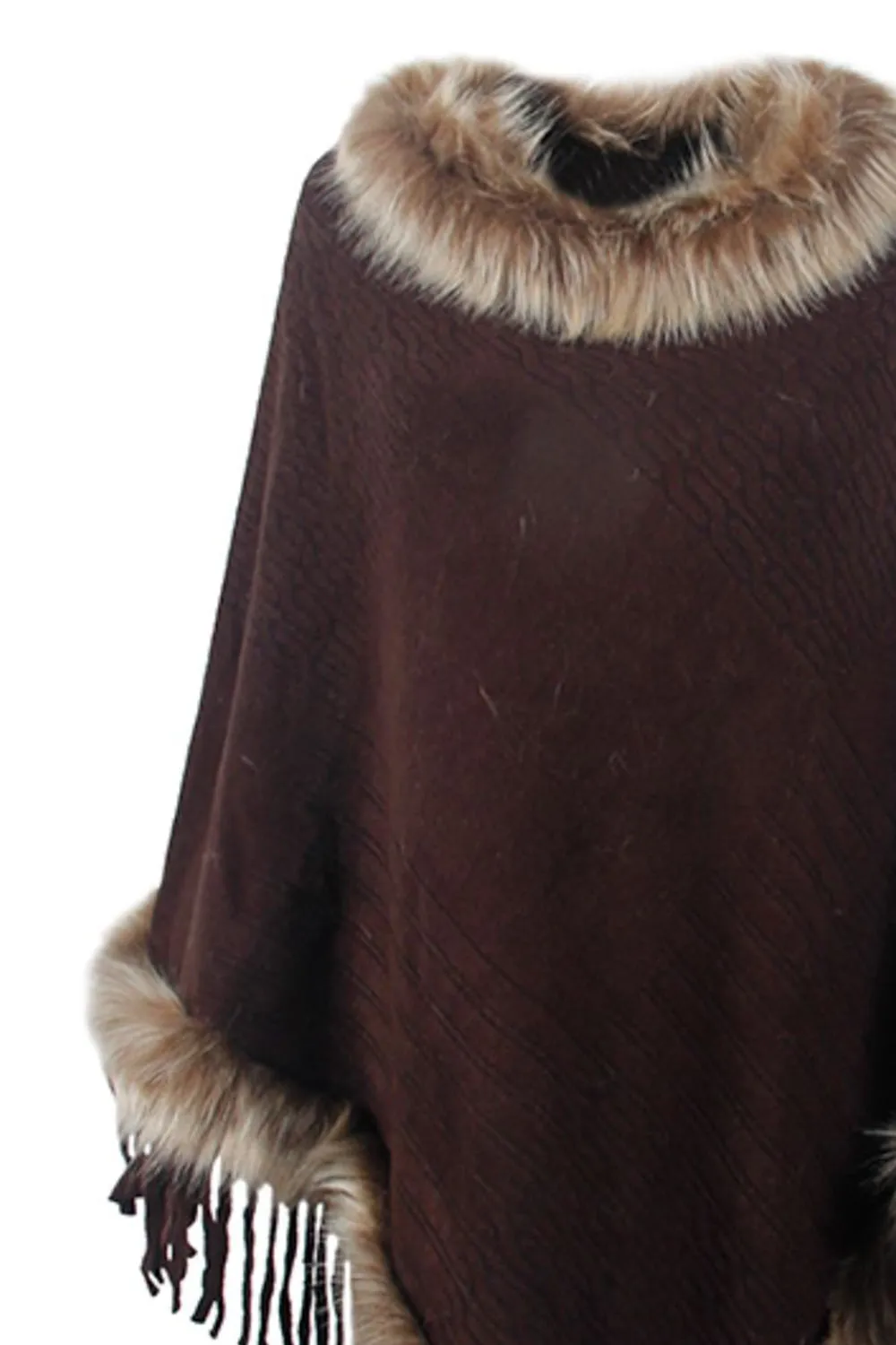 Faux Fur Retro Fringe Hem Textured Knit Pullover Poncho