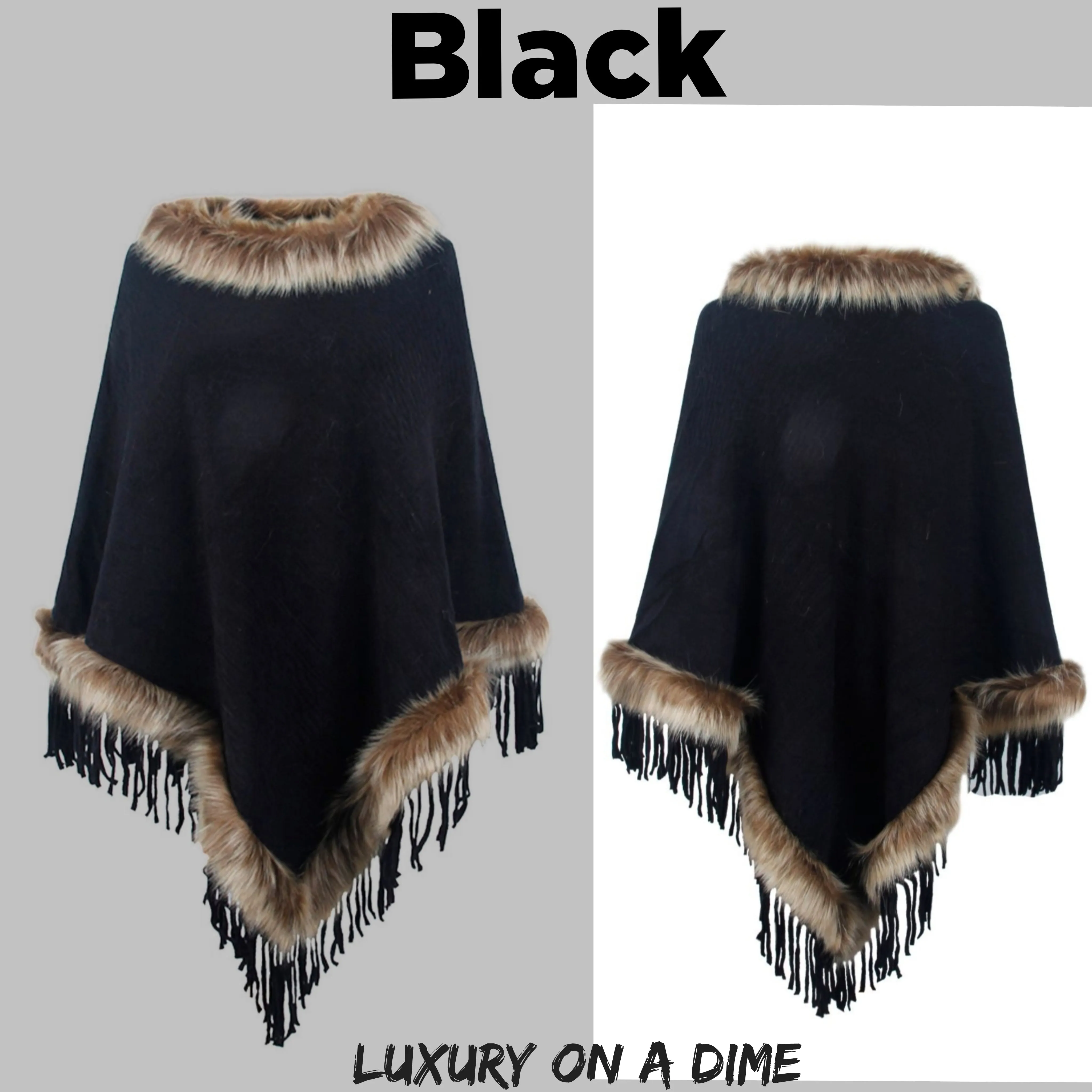 Faux Fur Retro Fringe Hem Textured Knit Pullover Poncho