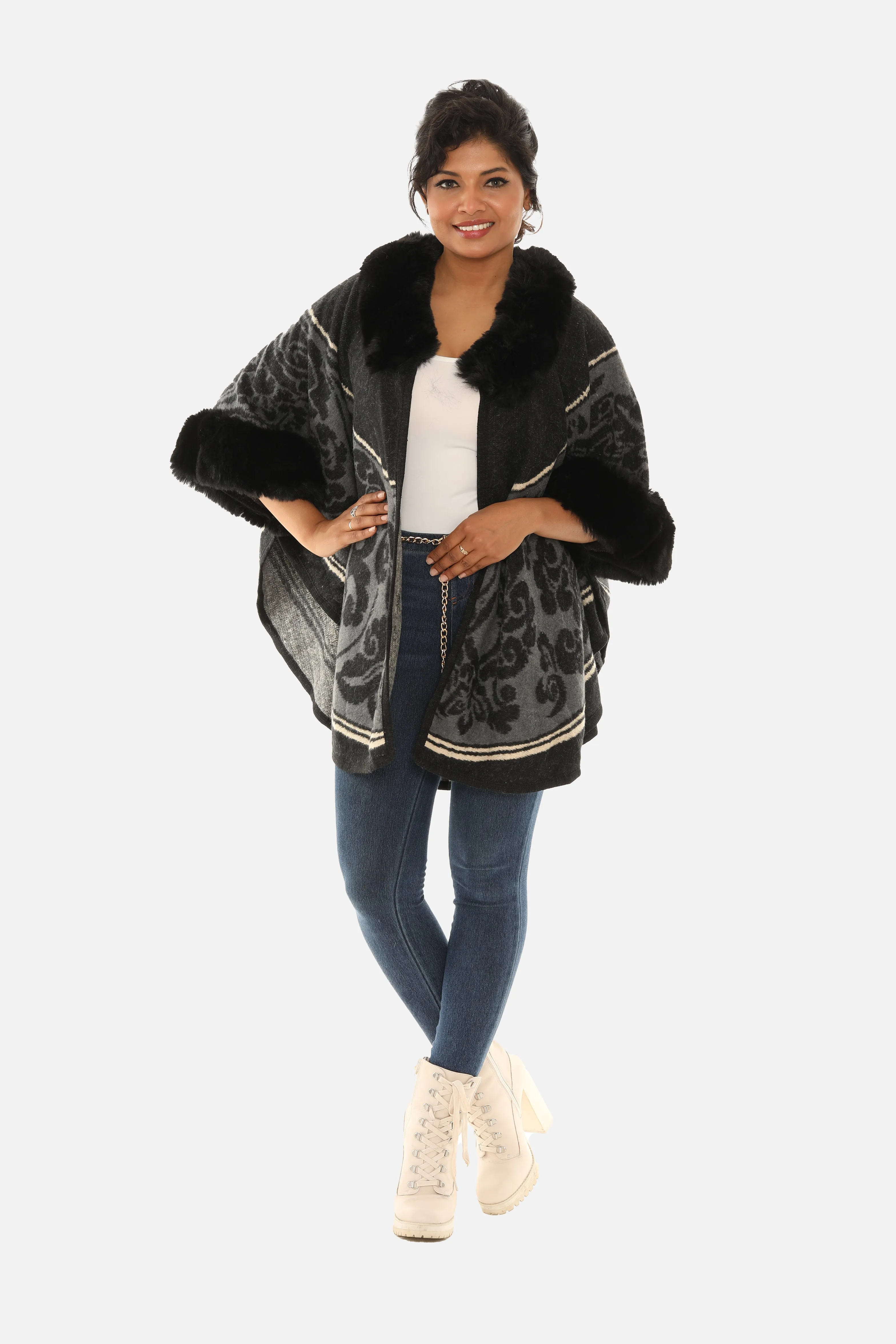 Faux Fur Trimmed Retro Floral Print Black and Gold Poncho