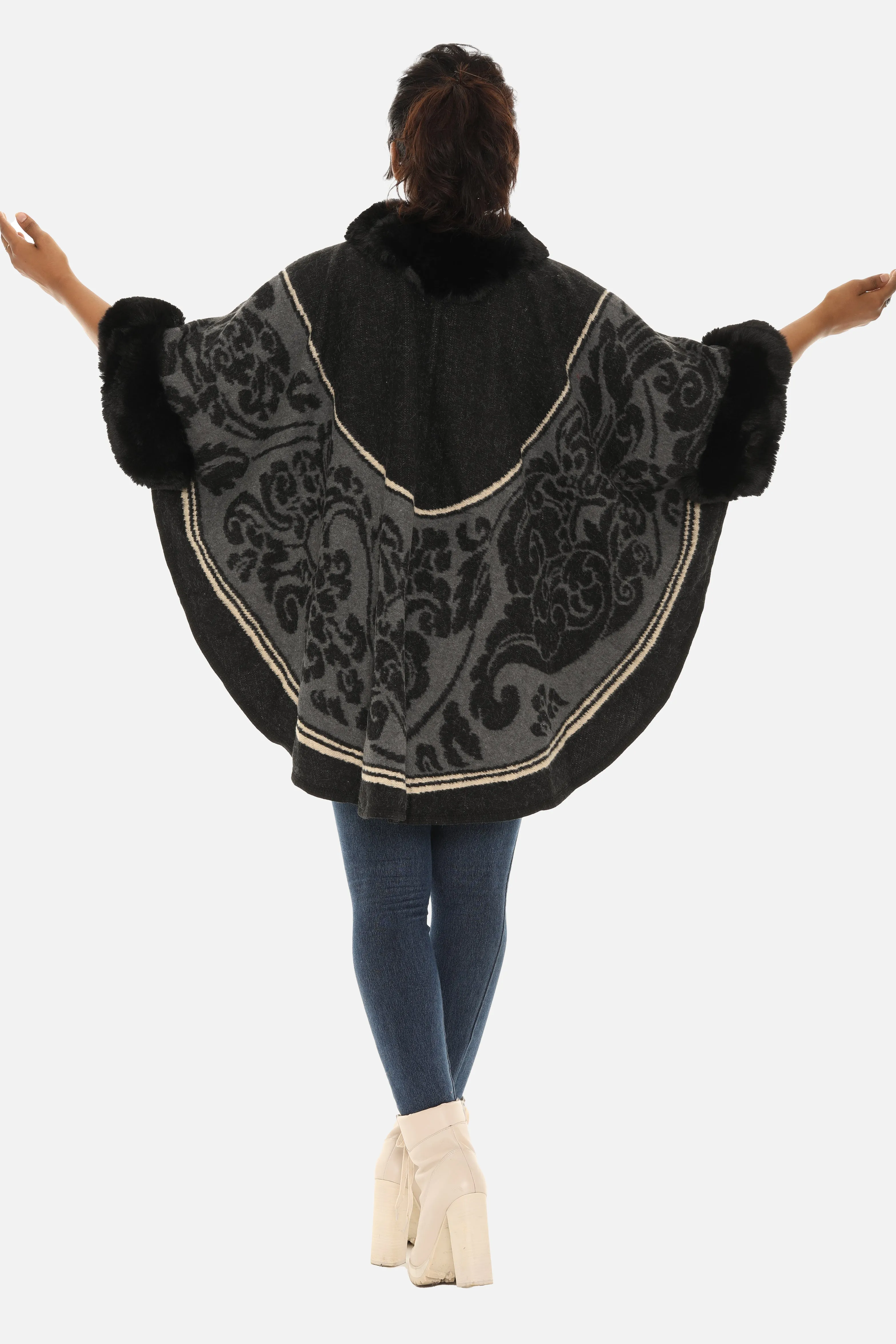 Faux Fur Trimmed Retro Floral Print Black and Gold Poncho