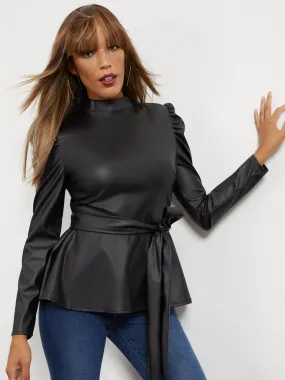 Faux-Leather Belted Puff-Sleeve Top