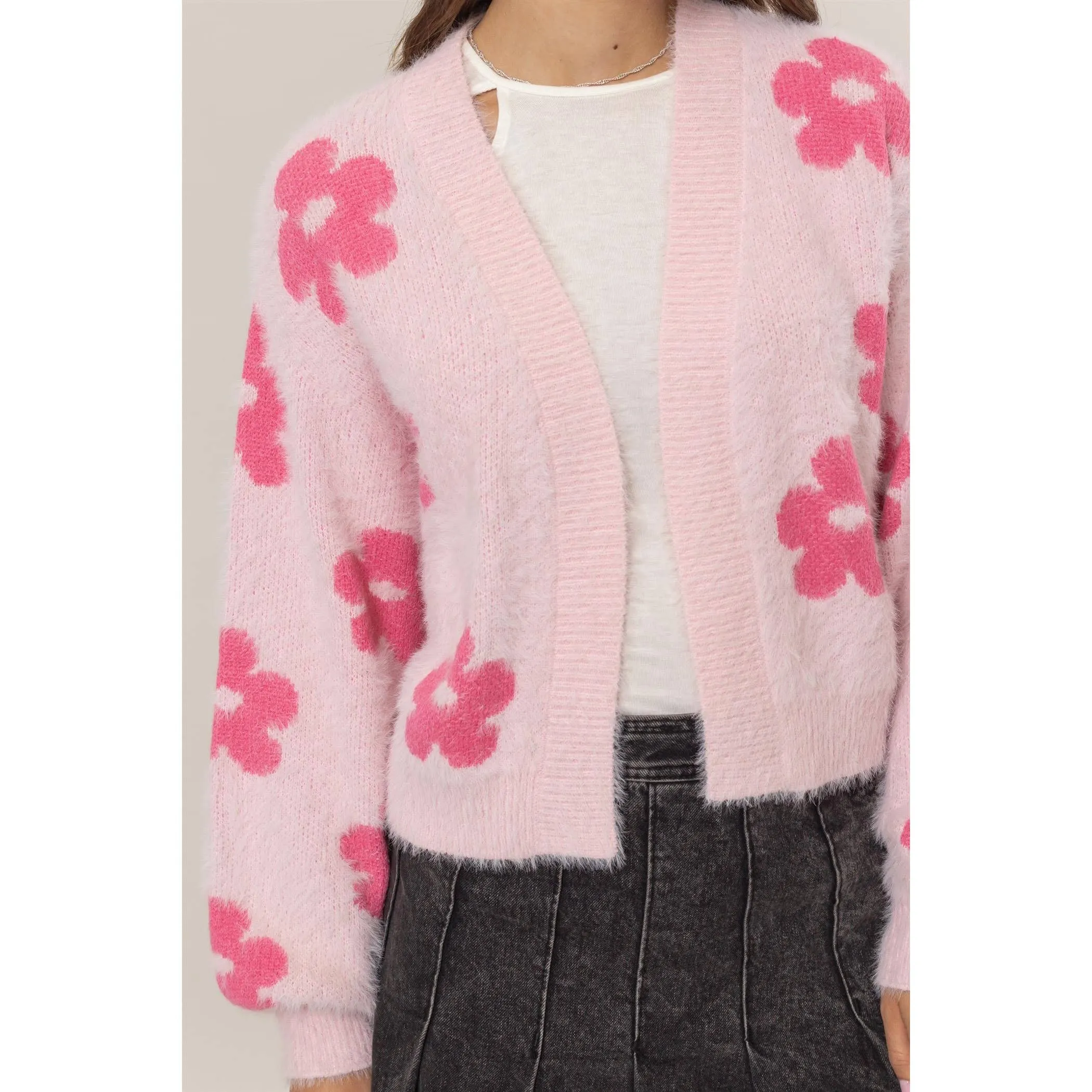 Floral Open-Front Sweater Cardigan