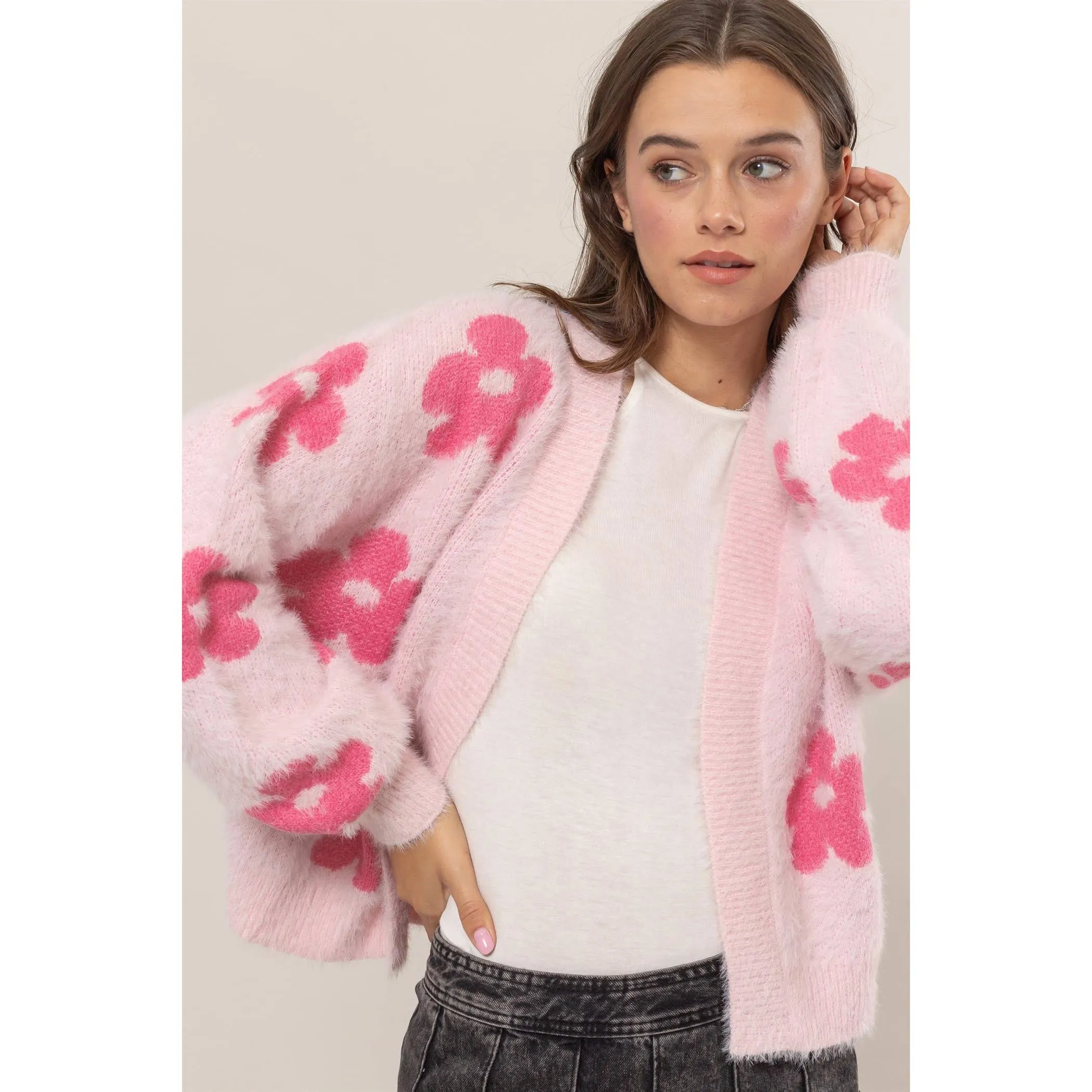 Floral Open-Front Sweater Cardigan
