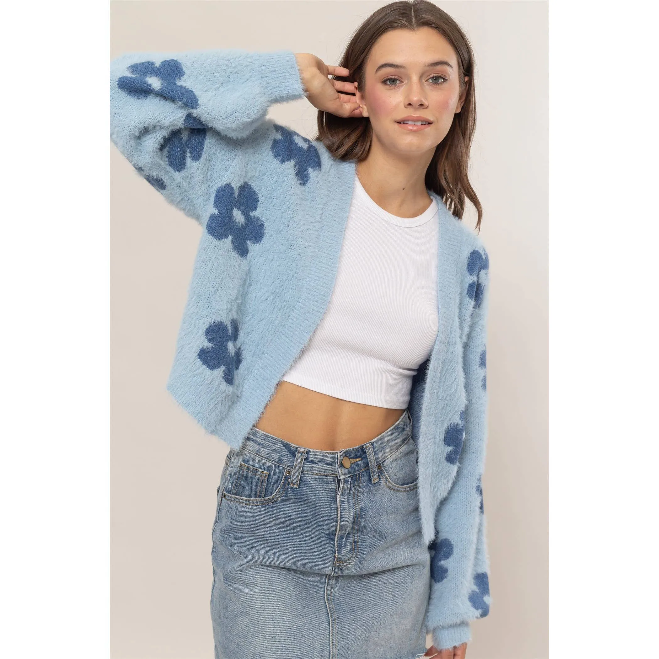 Floral Open-Front Sweater Cardigan