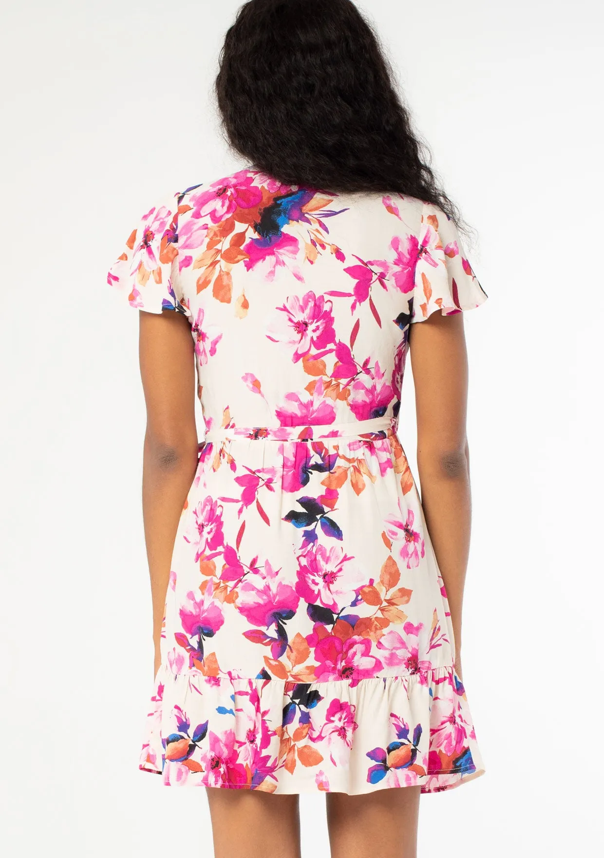 Floral Short Flutter Sleeve Mini Wrap Dress