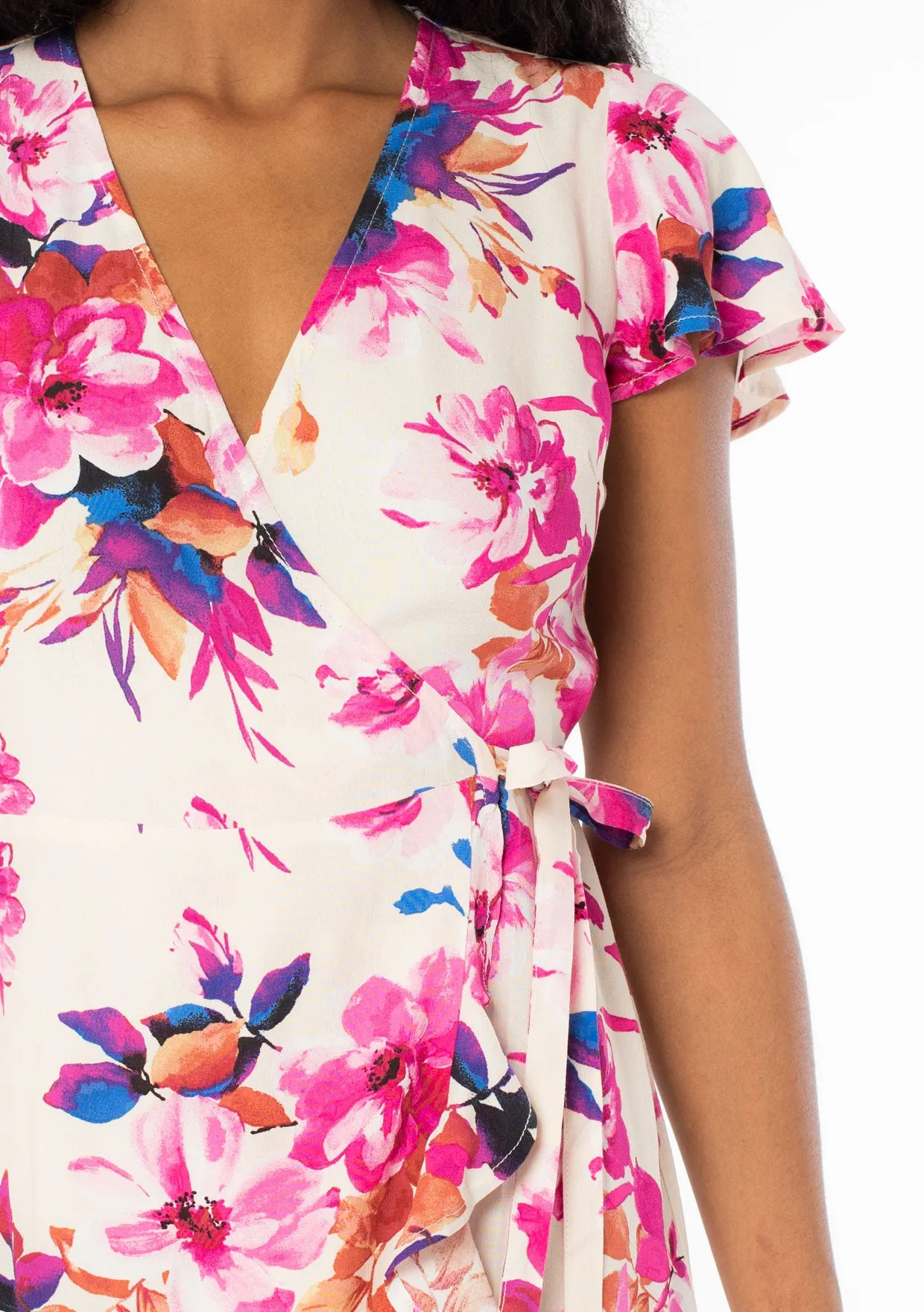 Floral Short Flutter Sleeve Mini Wrap Dress